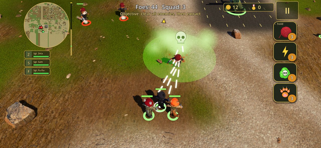 Game screen: three cat soldiers fire at a Bulldog soldier caught in a green gas cloud marked with a skull. Round minimap and squad cards at top left, skill buttons on the right, English HUD text at the top.