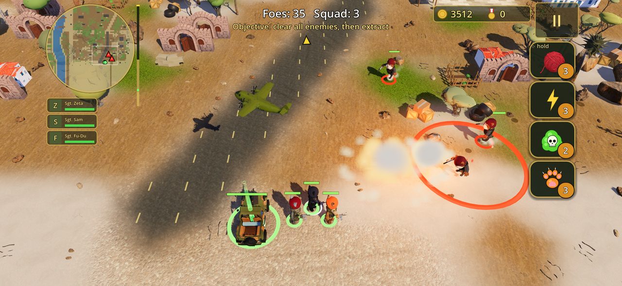 Game screen: in Harbor Town a cargo plane passes over the road while a bomb explodes inside a red target ring around Bulldog soldiers; the cats and their jeep are nearby.