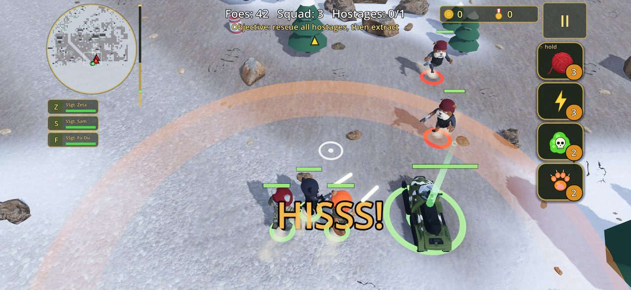Game screen: on a snowy slope Fu-Du hisses, shown by a large "HISSS!" and an orange shock ring; Bulldog soldiers run away.