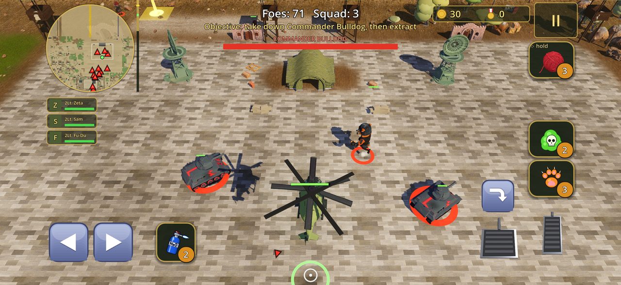 Game screen: the cats fly a helicopter over the paved yard of the enemy HQ with tanks, radars and a bunker below; the COMMANDER BULLDOG health bar is at the top.