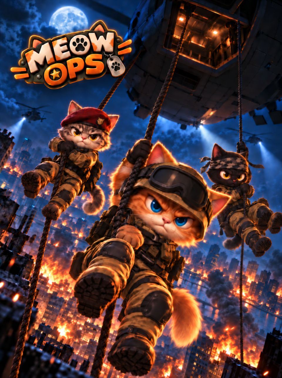 Meow Ops kapak resmi: kasklı ve gözlüklü turuncu bir kedi, kırmızı bereli tekir bir kedi ve bandanalı siyah bir kedi, gece yanan bir şehrin üstünde iplerle aşağı iniyor; sol üstte MEOW OPS logosu.